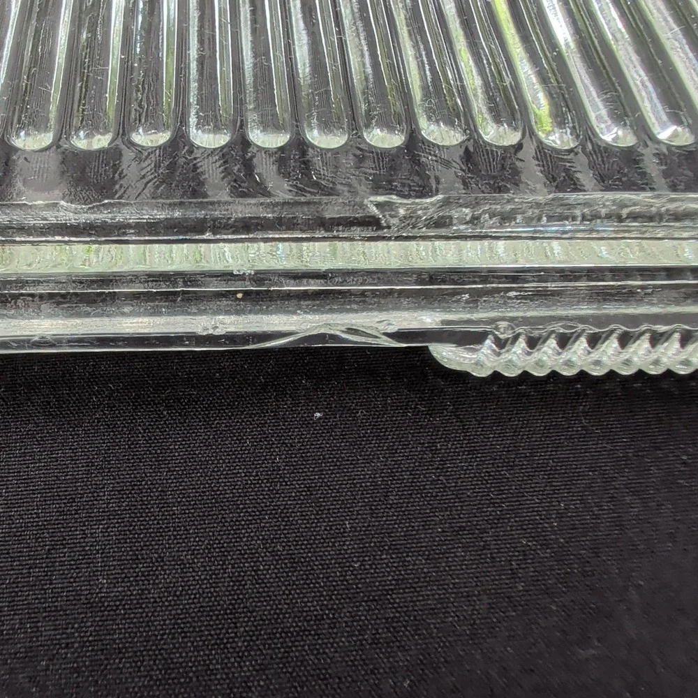 Vintage Clear Glass Ribbed Covered Rectangular Refrigerator Dish FLAWS